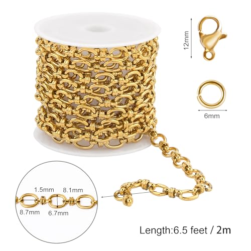 SMYHTGLIF 6.5 Feet Gold Stainless Steel Rolo Chain Bulk for Jewelry Making Oval Circle Chain Spool with Jewelry Making Supplies Findings - color: Cable Gold
