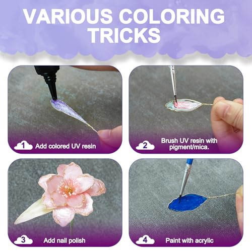 Teexpert UV Dip Resin for Wire Flowers Kit, 100g Crystal Clear UV Resin Starter Kit with 6 Winding Rods, Pliers, 2Pcs 31FT Wires for Jewelry Making, Fast Cure Thick Glue for DIY Flower Decoration