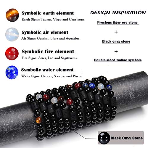 VLINRAS Zodiac Bracelet for Men Women, 8mm 10mm Natural Black Onyx Stone Star Sign Constellation Horoscope Bracelet Gifts