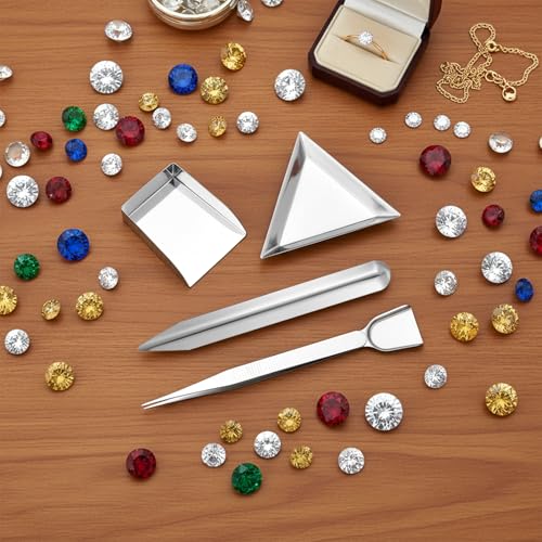 4PCS Bead Scoop, Craft Jewelry Bead Diamond Scoop Set, Stainless Steel Tweezer with Scoops and Beads Sorting Trays for Gemstones, Pearls, Rhinestones Pick up and Organizing Tools