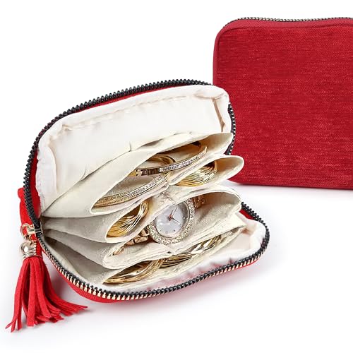 LOTOFUN Jewelry Organizer Case for Travel: Valentines Day Gifts for Women 5-Layer Velvet Zipper Pouch Bag for Bangles Link Bracelets Storage Protect from Tangle Scratch (Noble Red) - color: Noble Red