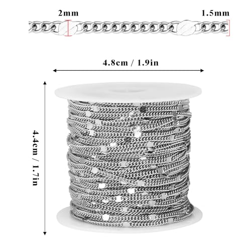 66FT Stainless Steel Curb Chains Bulk, 2mm Stainless Steel Flat Satellite Curb Link Chains Roll for Jewelry Making - color: Silver short embossed