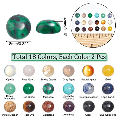 SUPERFINDINGS 36pcs 18 Materals Gemstone Cabochon 8mm Half Round Stone Cabochons Flatback Crystal Quartz Stone for Earring Necklace Jewelry Making - size: 8mm