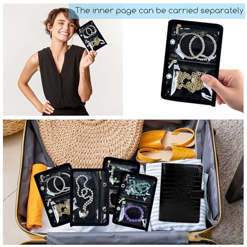 Travel Jewelry Organizer Case,Small Jewelry Bags Jewelry Storage Book Ring Binder with Clear Zipper Velvet Pouch for Traveling - color: Black