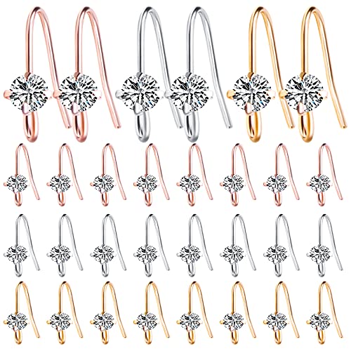 30pcs 3 Colors French Diamonds Earring Hooks Brass Ear Wire Fish Hook Earrings Hypo-allergenic Elegant Dangle Earrings for DIY Jewelry Crafts Making Wedding Prom - color: Silver/Gold/Rose Gold