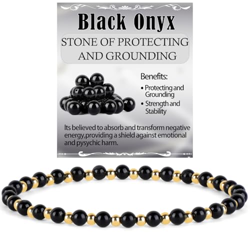 QOGIR 14k gold Handmade Healing Bracelet, Natural Gem Stone Crystal Elastic Gold Bracelet - color: Black Onyx - Protecting and Grounding, size: 4m