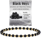 QOGIR 14k gold Handmade Healing Bracelet, Natural Gem Stone Crystal Elastic Gold Bracelet - color: Black Onyx - Protecting and Grounding, size: 4m