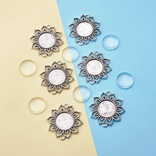 FASHEWELRY 10 Sets Alloy Flat Round Flower Edge Bezel Pendant Trays with Glass Cabochons Tibetan Style Blank Base Connector for DIY Photo Pendant Making - color: 18mm-10 Sets