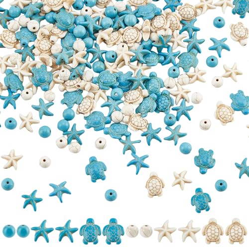NBEADS About 176 Pcs 6 Styles Synthetic Turquoise Bead, Turtle Bead Charms Starfish Sea Stars Charms Gemstone Stone Spacer Beads for Jewelry Making DIY Bracelet Necklace - color: Turtle & Starfish