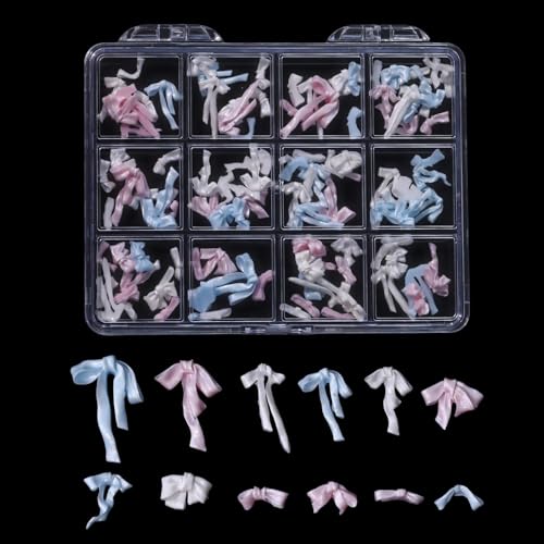 12 Grids Pink & Blue Mixed Ribbon Bow Nail Charms - Fresh Pastel Resin Bow Nail Decorations, Two-Tone Bow Nail Gems for Acrylic/Gel Nails DIY Manicure