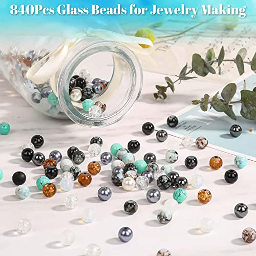 840pcs 8mm Glass Beads - 24 Colors, Round Marble Loose Beads for Men Women Bracelet Earring Necklace Jewelry Making Supplies - color: Black