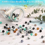840pcs 8mm Glass Beads - 24 Colors, Round Marble Loose Beads for Men Women Bracelet Earring Necklace Jewelry Making Supplies - color: Black