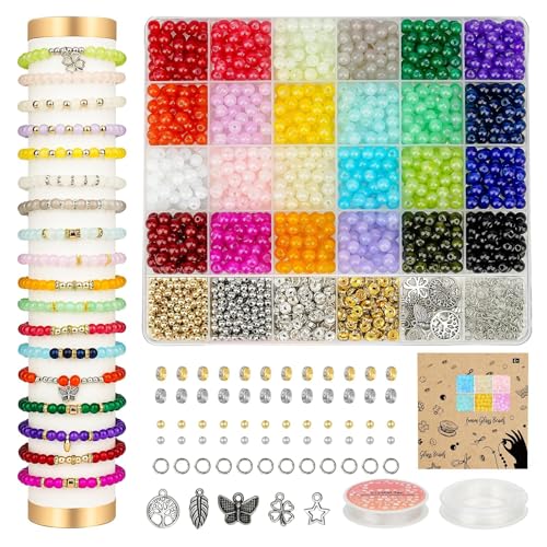 6mm Glass Beads Bracelet Making Kit 1400pcs, 24 Colors Crystal Beads for Jewelry Making Round Beads DIY Crafts with Spacer Beads Charms Accessories - size: 6mm