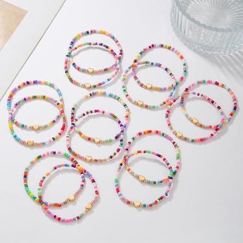 Friendship Bracelets Boho Stackable Bracelets for Women Surfer Heishi Clay Bead Bracelets Stretch Preppy Bracelets Colorful Boho Bracelets for Women - color: 14pc beaded heart