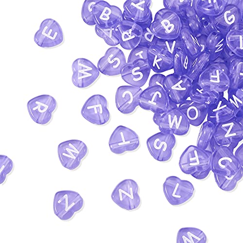 Cheriswelry 100pcs Heart Transparent Acrylic Letter Beads Purple Alphabet Crystal Beads Horizontal Hole Loose Spacer Bead 10.5x11.5mm for DIY Earring Bracelet Necklace Jewelry Making - color: Purple-Heart