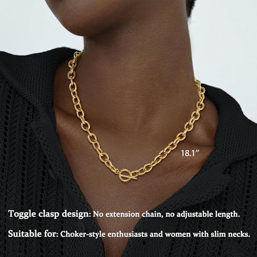 CHESKY 14K Gold Plated Chunky Necklace for Women, Trendy Paperclip Chain Necklace Thick Cross Heart Pendant Necklace Layered Herringbone Cuban Link Chain Toggle Necklaces Non Tarnish Jewelry - color: gold, style: paperclip