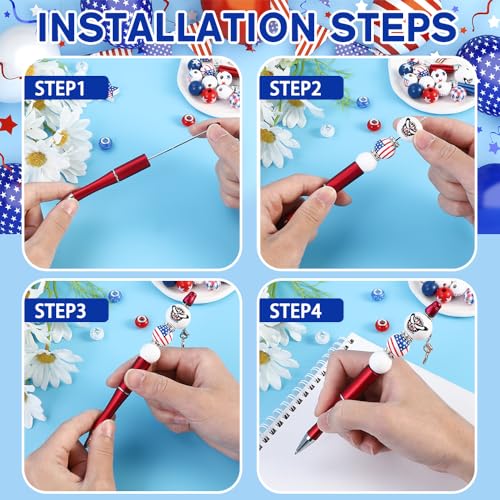Vellibring 12 Set Independence Day Beadable Pens, 4th of July Patriotic Bead Pens with Assorted Wooden Beads Pendants for DIY Present Students Teens School Office Supplies