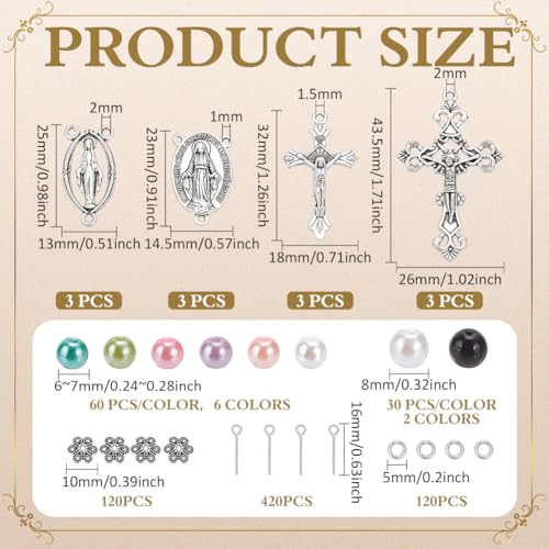 PH PandaHall Rosary Making Kit, 1092pcs 8 Colors Glass Pearl Beads Rosary Prayer Making Supplies First Communion Necklace Set Cross Charms Jewelry Findings for Easter Christmas Necklace Jewelry Making