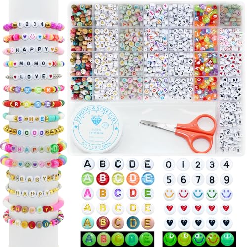 Looconi 1500 Pieces 6 Colors Letter Alphabet Beads and Number Heart Beads Round Flat and Crystal Line for Jewelry Making - color: 5 Colors, size: 7x4mm
