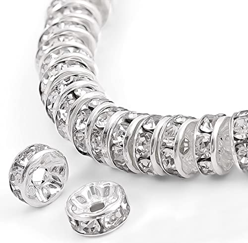 200Pcs 8mm Rondelle Spacer Beads Silver Plated Crystal Rhinestone for Jewelry Making Loose Beads for Bracelets - color: silver, size: 8mm