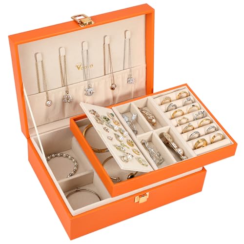 Voova Jewelry Box Organizer for Women Girls, 2 Layer Large Men Jewelry Storage Case, PU Leather Display Jewellery Holder with Removable Tray for Necklace Earrings Rings Bracelets, Vintage Gift,Orange - color: Orange
