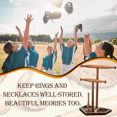 Qunclay Baseball Drip Necklace Holder with Staked Baseball Base Wooden Softball Ring Organizer Championship Rings Display Sports Jewelry Stand Gift for Athletes and Fans