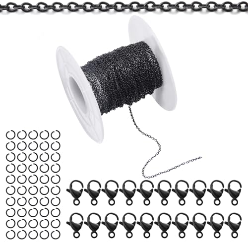Topacket 33Feet Black Stainless Steel Necklace Chains Cable Link Chains for Jewelry Making DIY Craft Kit with Lobster Clasps Jump Rings - color: Black, size: 1.5mm