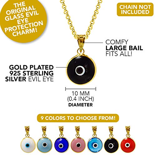 MIZZE Made for Luck Gold Plated 925 Sterling Silver 10 MM Round Glass Evil Eye Charm Pendant - 7 Colors to Choose from - color: Black