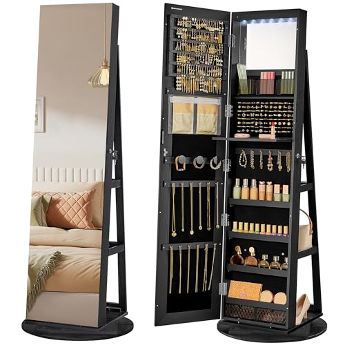 SONGMICS 6 LEDs Lockable Mirror Jewelry Cabinet, 360° Swivel Jewelry Organizer Armoire Standing, Full-Length Mirror with Storage, Mothers Day gifts for Mom, Black Surface, Black Lining UJJC007B01 - color: Black