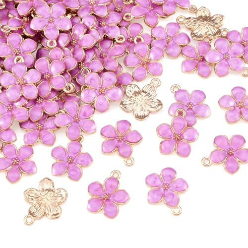 Beadthoven 100pcs Enamel Charms Cherry Blossom Daisy Flower Pendants Gold Plated Small Cute Bulk for Jewelry Making Bracelet Necklace Earrings Keychain DIY Accessories - color: 0Lilac