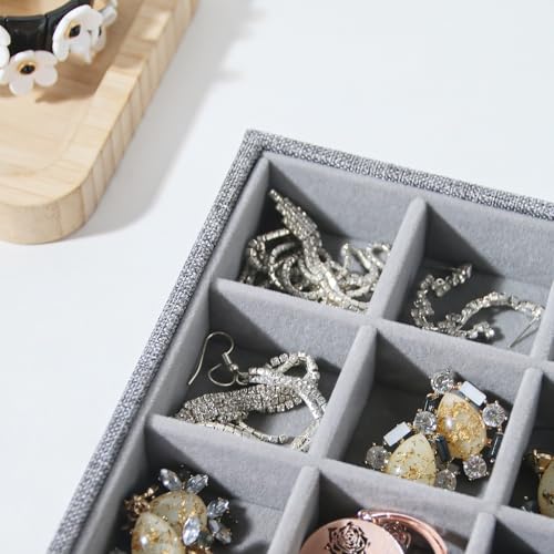 Stackable Jewelry Organizer Tray For Drawers,White Leather Small Earring Storage Tray,Bracelet And Necklace Display Box,Jewelry Ring Display Case (Gray 24 Grids) - style: Gray 24 Grids