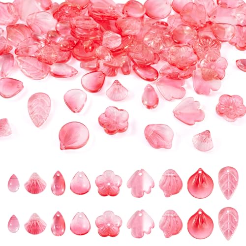 Beadthoven 90Pcs Pink Flower Beads Mini Crystal Glass Leaf Beads Charm Transparent Floral Petal Cherry Blossom Leaves Plant Spacers for Jewelry Making DIY Accessory Bracelets Keychain Decorations - color: Pink
