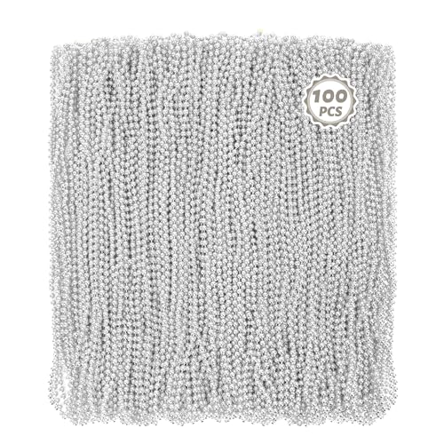 Huskein 100 PCS Mardi Gras Beads Bulk, 33" Round Xmas Beaded Necklaces, Christmas Beads, Parade Accessories Set for Festive Event Carnival Party Supplies Favors - color: Silver