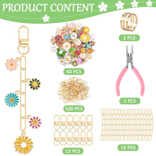 AUGSUN 189Pcs Keychain Making Kit, Charm Jewelry Chain Making Crafts Including 60 Charms 12 Keychain Clips Hooks 15 Extender Chains 100 Jump Ring and Jewelry Plier for Crafts (Flower) - style: Flower