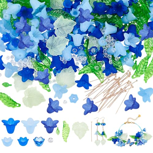NBEADS About 417 Pcs Frosted Acrylic Assorted Beads Kit, 300 Pcs Acrylic Flower and Leaf Beads 87 Pcs Round Glass Beads 30 Pcs Brass Ball Pins Jewelry Making Supplies Kit for Earring Bracelets Making - color: Blue Series