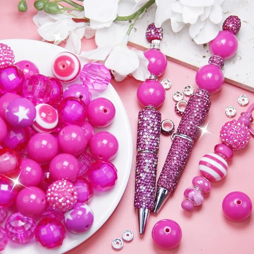 106 Pcs 20mm Beads for Pens Making with Rondelle Spacer Beads Rose Red Acrylic Focal Bubblegum Bead Crystal Round Sparkly Chunky Bead for Pens Beadable Keychain DIY Craft Jewelry Making Supplies - color: Rose Red