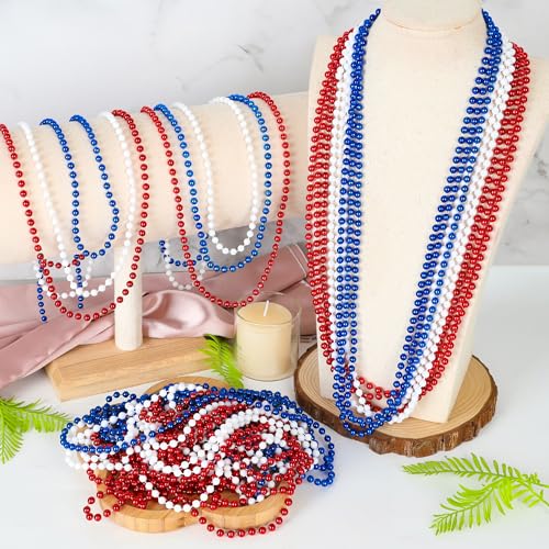 Huskein 100 PCS 4th of July Beads, 33" Patriotic Beads Necklaces Bulk, Red White Blue Necklace Bulk, Independence Day Party Parade Accessories Set for Memorial Day Fourth of July Party Supplies - color: RedWhiteBlue