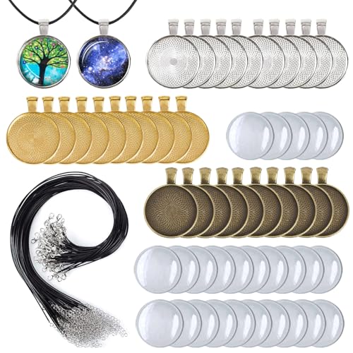 J6QIHANG Pendant Trays Kit for DIY Jewelry Crafts Making, Including Oval Pendant Bezel Blank Trays Glass Cabochons Waxed Necklace Cords for Photo Cameo Jewelry Making - color: QH-Trays 02