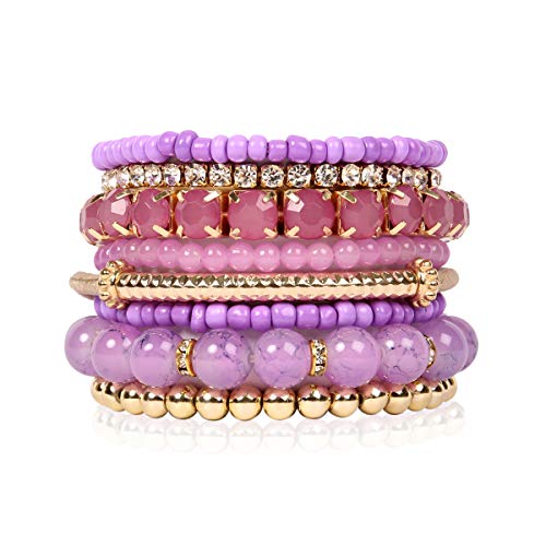 RIAH FASHION Multi Color Stretch Beaded Stackable Bracelets - Layering Bead Strand Statement Wrap Bangles - color: Original - Purple, size: 7.0 Inches Length
