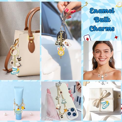 38Pcs Wonderland Gold Charms Pendants - Fairy Tales Tea Rabbit Clock Poker Enamel Charms Cute Earring Necklace Bracelet Keychains Pendant for Jewelry Making DIY Crafts Birthday Tea Party Gifts