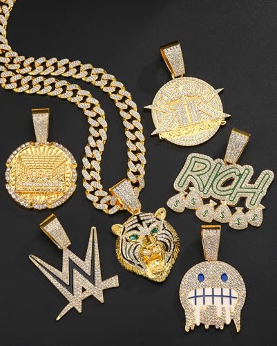 Lced Out Diamond Cuban Chain for Men | Hip Hop Miami Link Necklace Silver & Gold Plated Options with Pendant, 7-Pack Gift Set - color: Gold, size: 24 inches