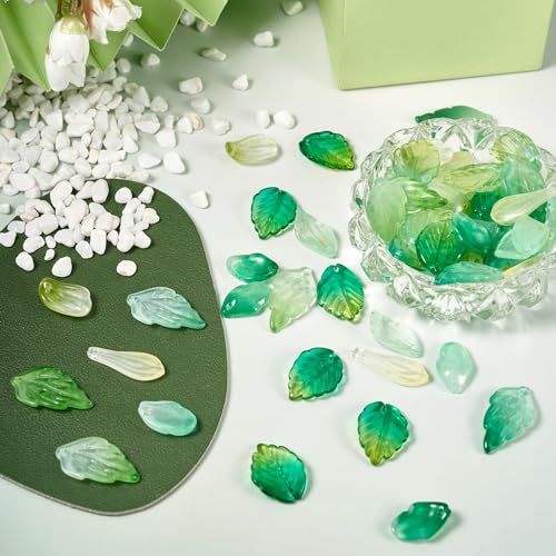 Beadthoven 90pcs Green Leaf Lampwork Glass Beads, Gradient Color Flower Petal Leaves Charms Top Drilled Tiny Leaf Crystal Beads Spacers for Jewelry Making Bracelets Earrings Necklaces DIY Crafts - color: Gradient-9 Styles