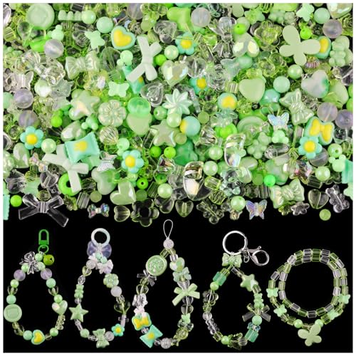 200-260PCS TINKRSTUFF Assorted Green Acrylic Beads for Bracelet Making, Cute Beads for Jewelry Making Flower Bow Butterfly Candy GummyBear Aesthetic Bracelet Charms, DIY Necklace Keychain Phone Charm - color: GREEN