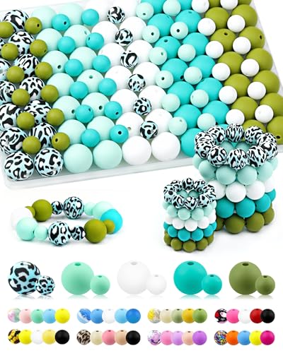 100PCS FIVEIZERO Silicone Beads for Keychain Making, 9mm & 15mm Cyan Blue White Mixed 5 Colors Silicone Focal Beads for Bracelets, Beadable Pens and DIY Crafts - color: Cyan blue White