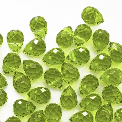 100pcs Olive Green Faceted Crystal Glass Beads 8x10mm, Shiny Teardrop Glass Beads for Jewelry Making, Crystal Beads for Bracelet Necklace Earring DIY Craft - color: Olive Green