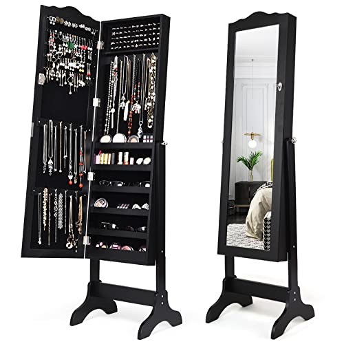 COSTWAY Mirror Jewelry Cabinet, 4-Angle Tilting Jewelry Organizer with Full-length Mirror & Large Capacity, Lockable Standing Jewelry Armoires for Bedroom, Dressing Room (Black) - color: Black