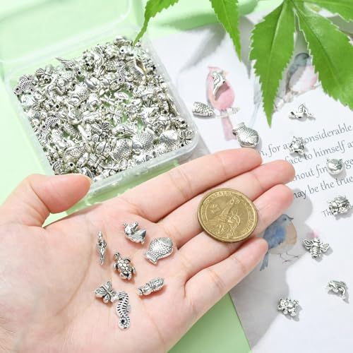 DanLingJewelry 150Pcs Mixed Styles Antique Silver Animal Spacer Beads Tibetan Style Bear Owl Cat Fish Beads for Bracelet Jewelry Craft Making - color: 150pcs - animal - 15 styles