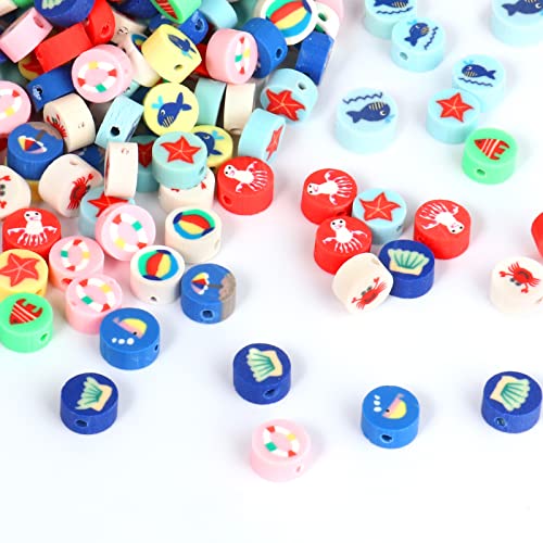 200PCS Polymer Clay Ocean Animal Beads - 10mm Mixed Colorful Flat Round Beads Spacer Kit for Jewelry Making DIY Bracelet Necklace - color: Clay Ocean Animals