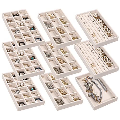 Frebeauty Jewelry Organizer Tray,Stackable Velvet Jewelry Trays,Drawer Inserts Earring Organizer For Women Jewelry Storage Display Case for Rings Stud Necklaces,Set of 9(Beige) - color: Beige, size: Set 9
