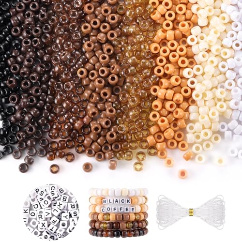 Black and Brown Beads, Pony Beads for Bracelets Crafts, Funtopia 1200 Pcs 6x9mm Kandi Beads and 100 Pcs Letter Beads for Kids Girls Women, Plastic Beads for Hair(8 Assorted Colors) - color: brown